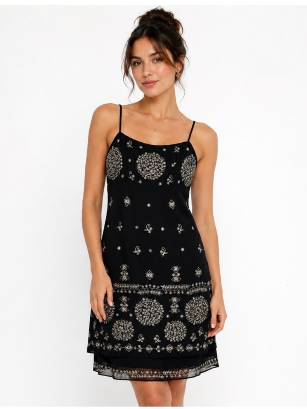 Sue Wong Black Silk Floral Medallion Embroidered Slip Dress Y2K Vintage Size 6